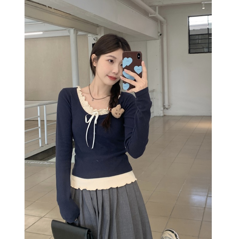 小吉家大码女装设计感拼接撞色绑带木耳边假两件显瘦T恤内搭上衣