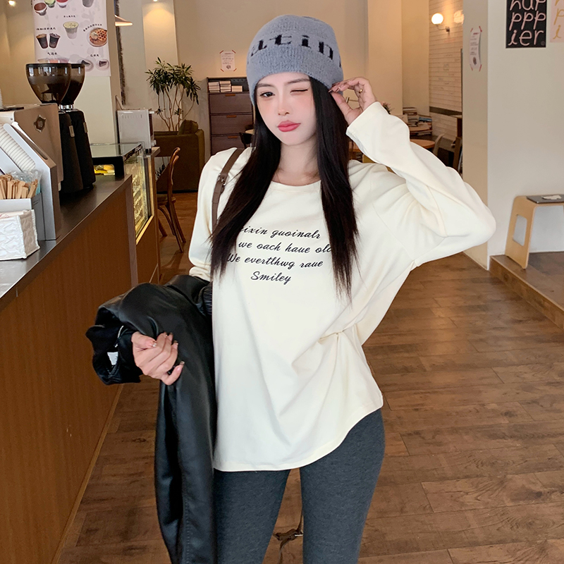 小吉家大码女装冬季双面德绒加厚打底衫胖mm圆领印花长袖内搭T恤