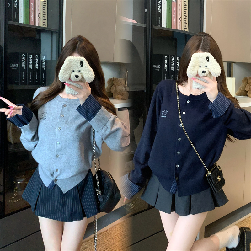 小吉家大码女装秋冬胖mm撞色格子拼接针织开衫韩系圆领假两件毛衣