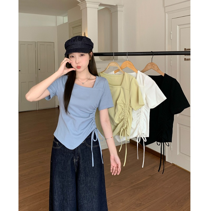 小吉家大码女装夏季胖mm设计感不规则抽绳小众正肩显瘦短袖T恤女