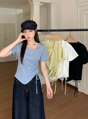 小吉家大码女装夏季胖mm设计感不规则抽绳小众正肩显瘦短袖T恤女
