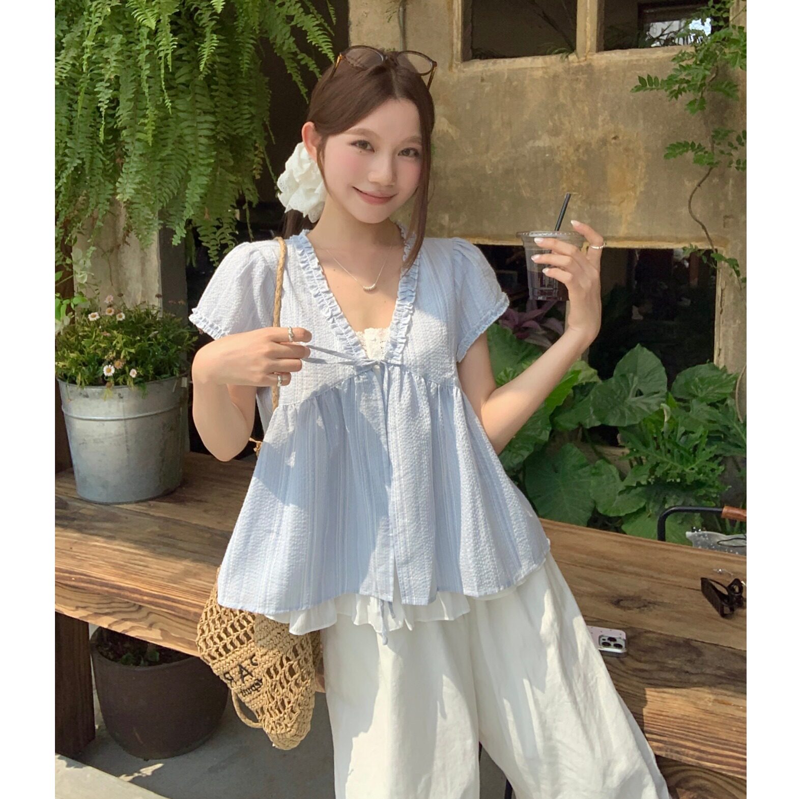 小吉家大码女装胖mm慵懒风条纹假两件花边短袖衬衣遮肉显瘦上衣女