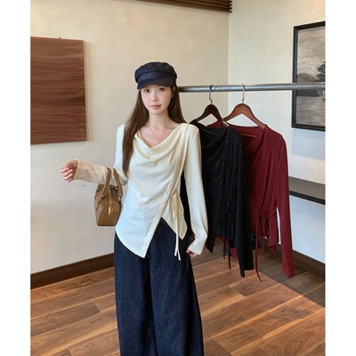 小吉家大码女装秋装新款胖mm不规则荡领长袖T恤法式气质绑带上衣