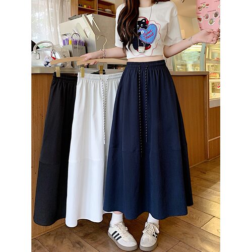 小吉家大码女装夏季新款松紧腰抽绳百搭a字长裙遮胯显瘦半身裙女