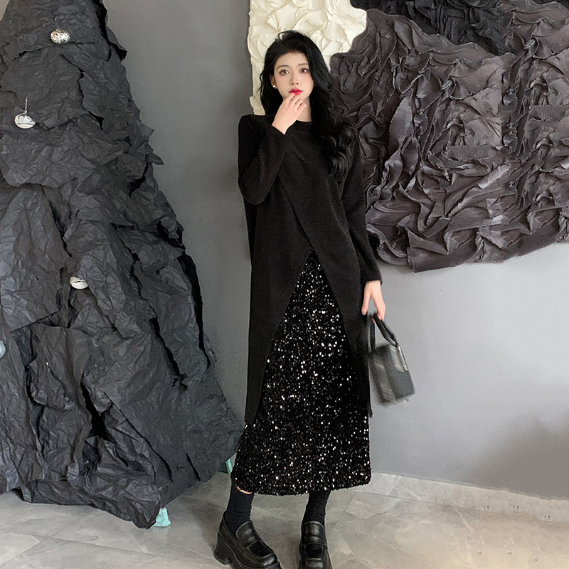 大码胖mm赫本风套装女秋冬开衩中高领正肩长袖上衣亮片长裙两件套