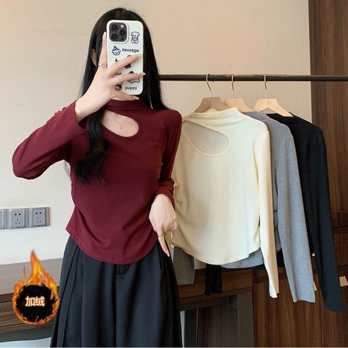 小吉家大码女装秋冬季镂空加绒加厚保暖半高领打底衫长袖内搭上衣