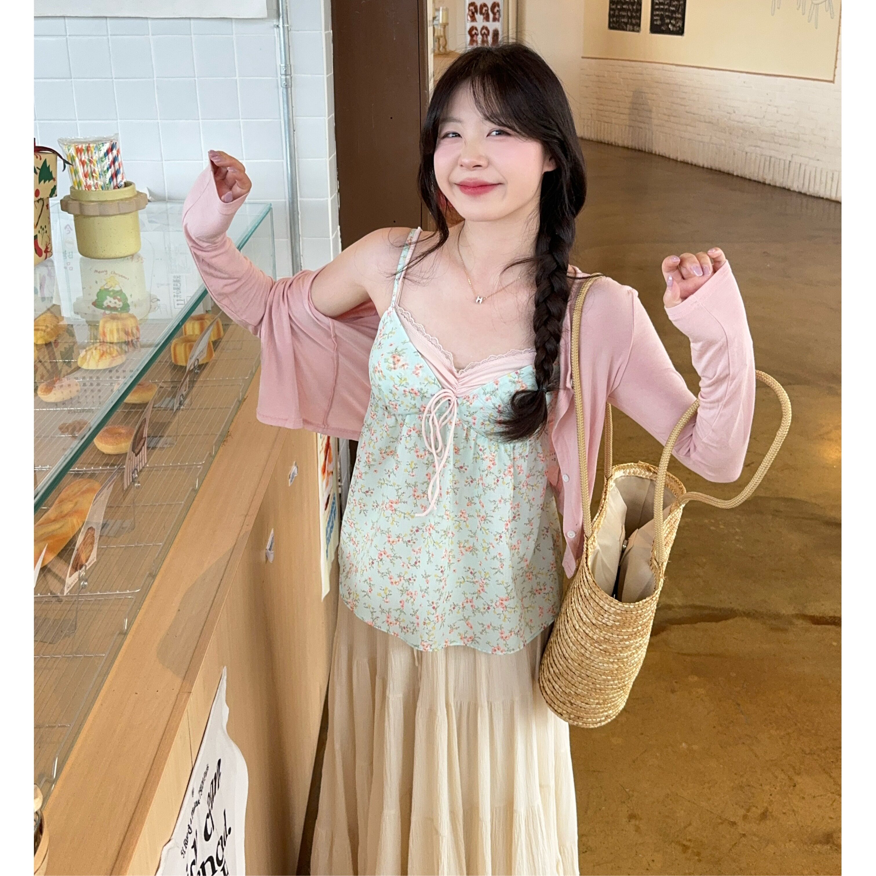 小吉家大码女装春夏假两件v领纯欲吊带碎花雪纺衫开衫防晒两件套