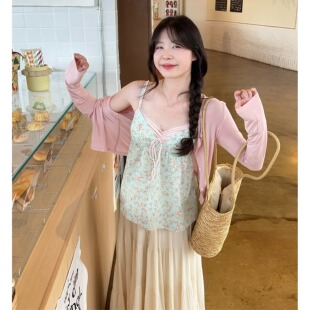 开衫 春夏假两件v领纯欲吊带碎花雪纺衫 防晒两件套 女装 小吉家大码