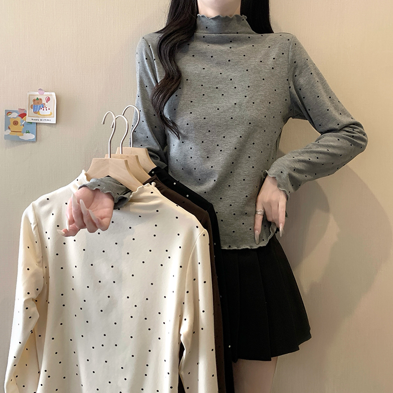 小吉家大码女装秋冬季新款半高领木耳边波点长袖打底上衣百搭T恤