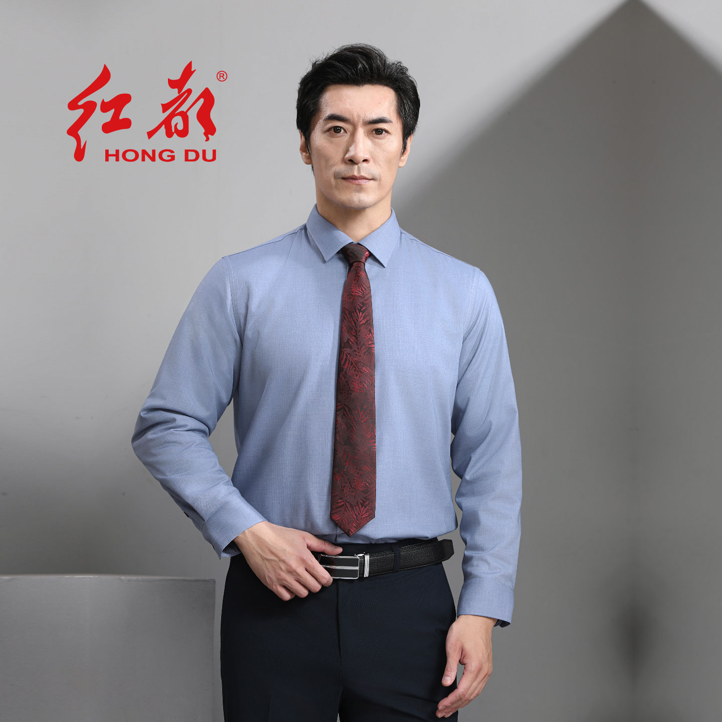红都男士长袖保暖衬衫莫代尔28.9%面料羊毛填充物加厚深蓝灰衬衣