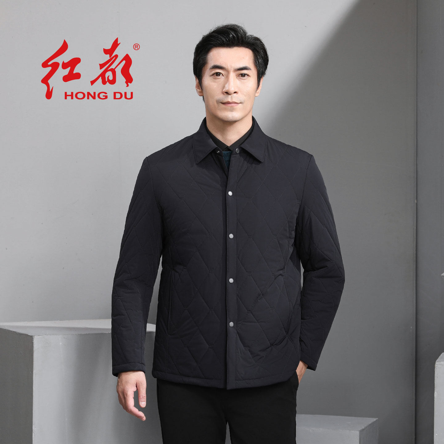 红都休闲翻领男士羽绒服可拆内胆轻薄中老年爸爸装系扣常规款外套