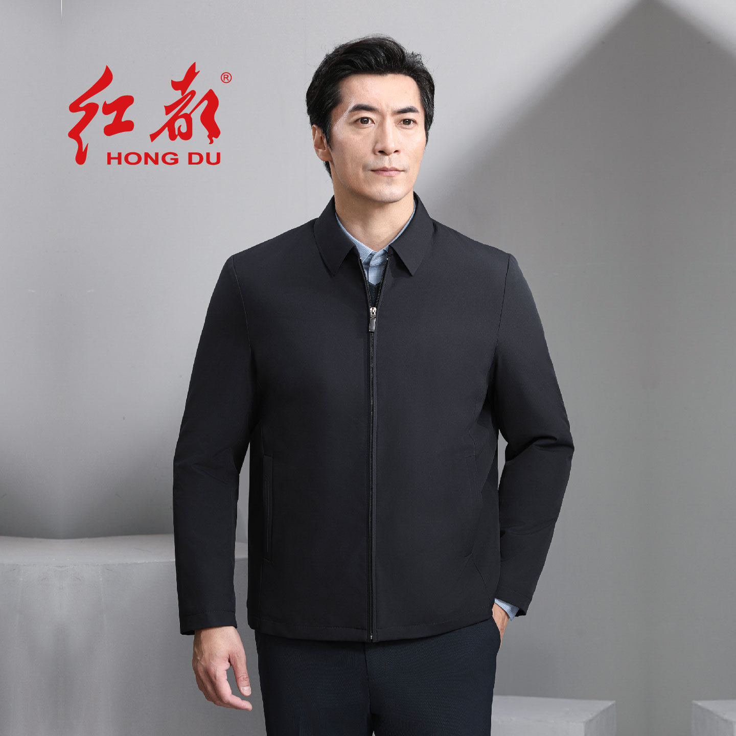 红都商务休闲翻领棉服男士拉链轻簿中老年男装棉衣冬季上衣外套