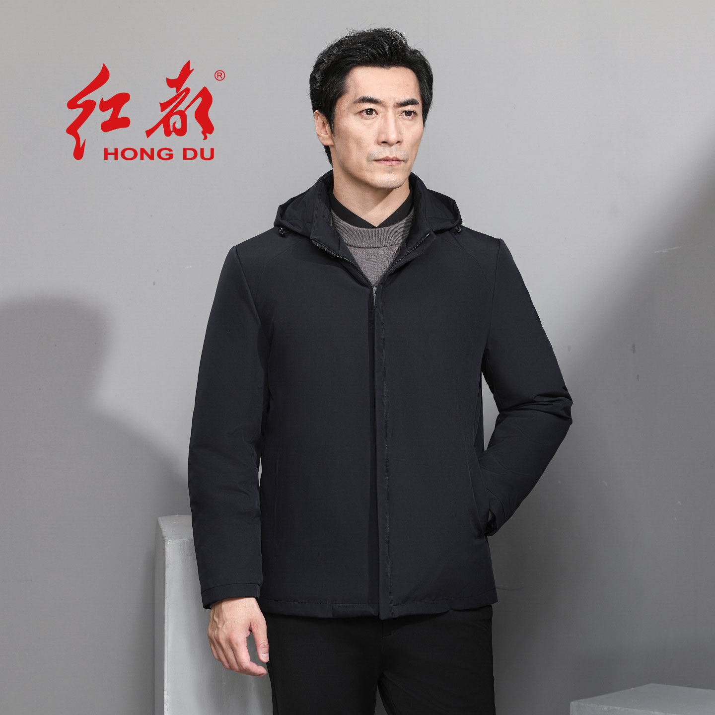 红都可拆连帽休闲拉连男棉服商务休闲冬季男装拉链立领外套棉衣