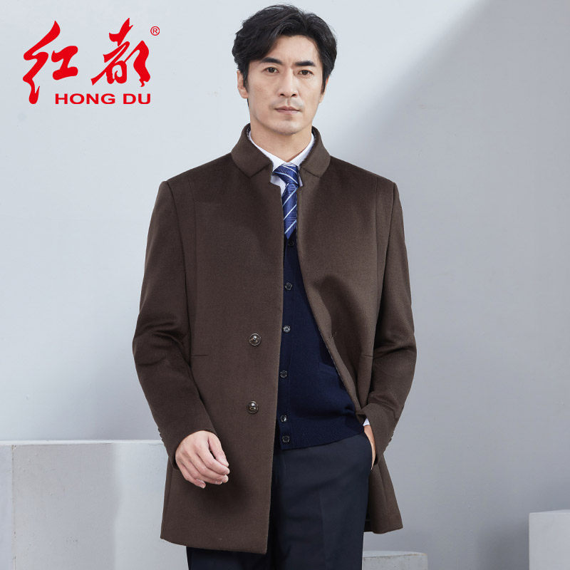 红都冬装新款羊毛大衣男士中长款加厚休闲立领时尚爸爸装男装外套