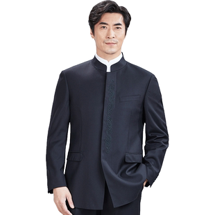 红都立领修身羊毛男士中山装套装中国风绣花商务中山装中式礼服