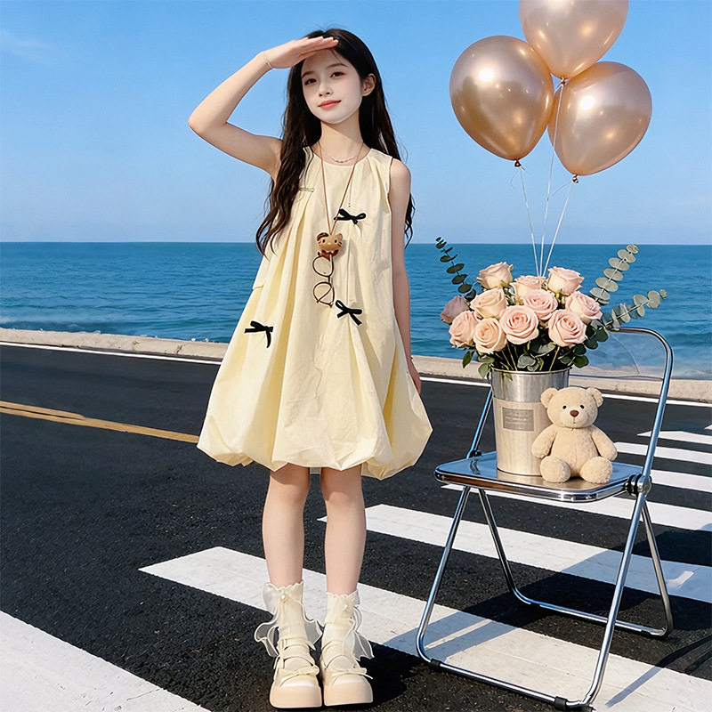 女童夏季淡黄蝴蝶结花苞连衣裙