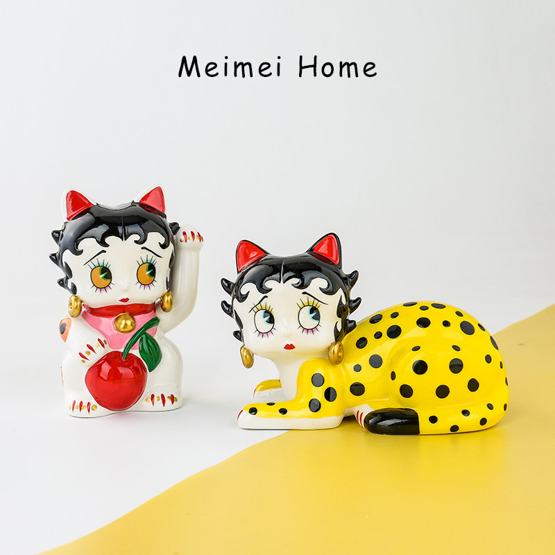 贝蒂招财猫手工陶瓷猫咪摆件可爱卡通动物装饰品桌面工艺品礼物