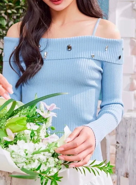 10.27IYF 春秋美式性感辣妹露肩设计毛织一字肩针织上衣