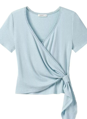 4.8羊城gs 蓝色V领蕾丝花边短袖T恤女宽松绑带显瘦上衣