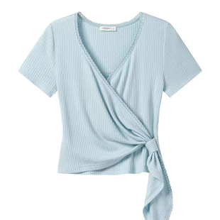 4.8羊城gs 蓝色V领蕾丝花边短袖T恤女宽松绑带显瘦上衣