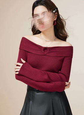 2.13IYF 红色一字肩毛衣女春秋设计感小众长袖针织气质上衣穿搭