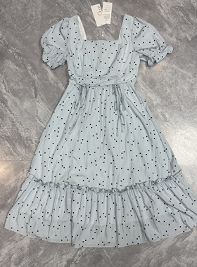 5.23 XCZ 浅蓝色方领泡泡袖连衣裙女夏季收腰显瘦长裙