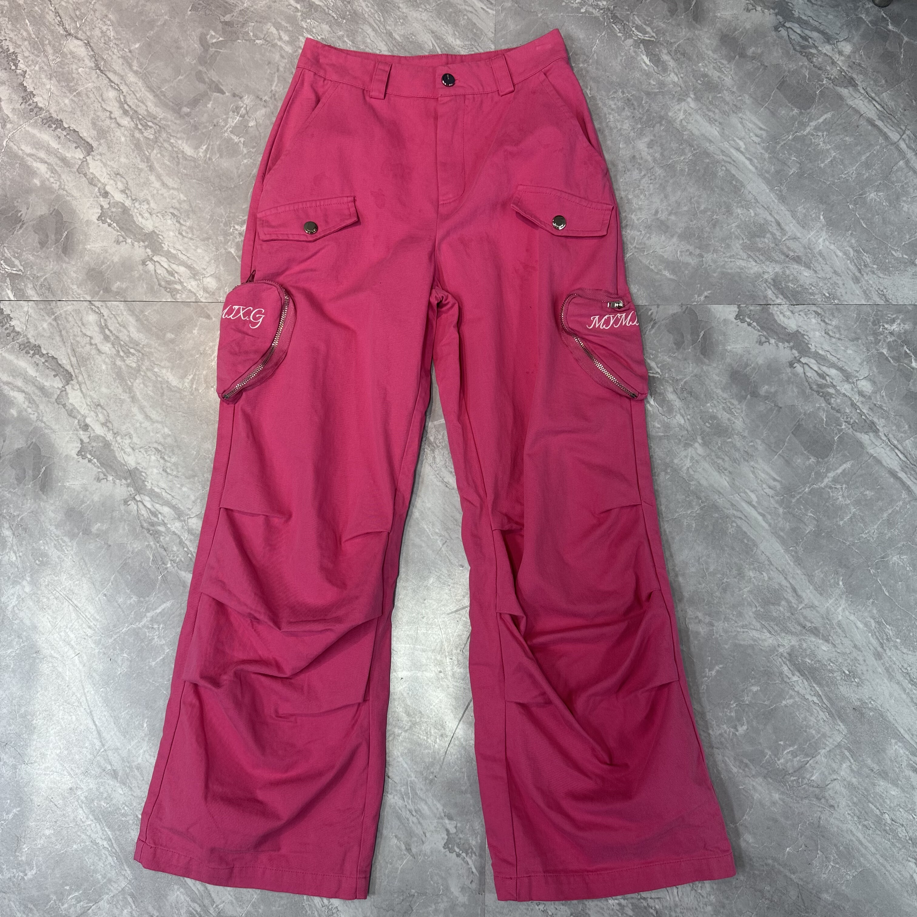 11.23MYMI.. 玫红色美式复古贴袋牛仔裤女小个子设计感阔腿裤子