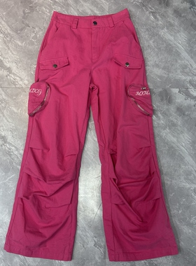 11.23MYMI.. 玫红色美式复古贴袋牛仔裤女小个子设计感阔腿裤子