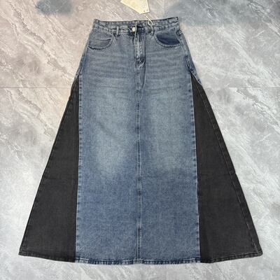 12.24斯er丽 复古显瘦撞色牛仔裙高个子遮肉高腰拼色中长款DG6555