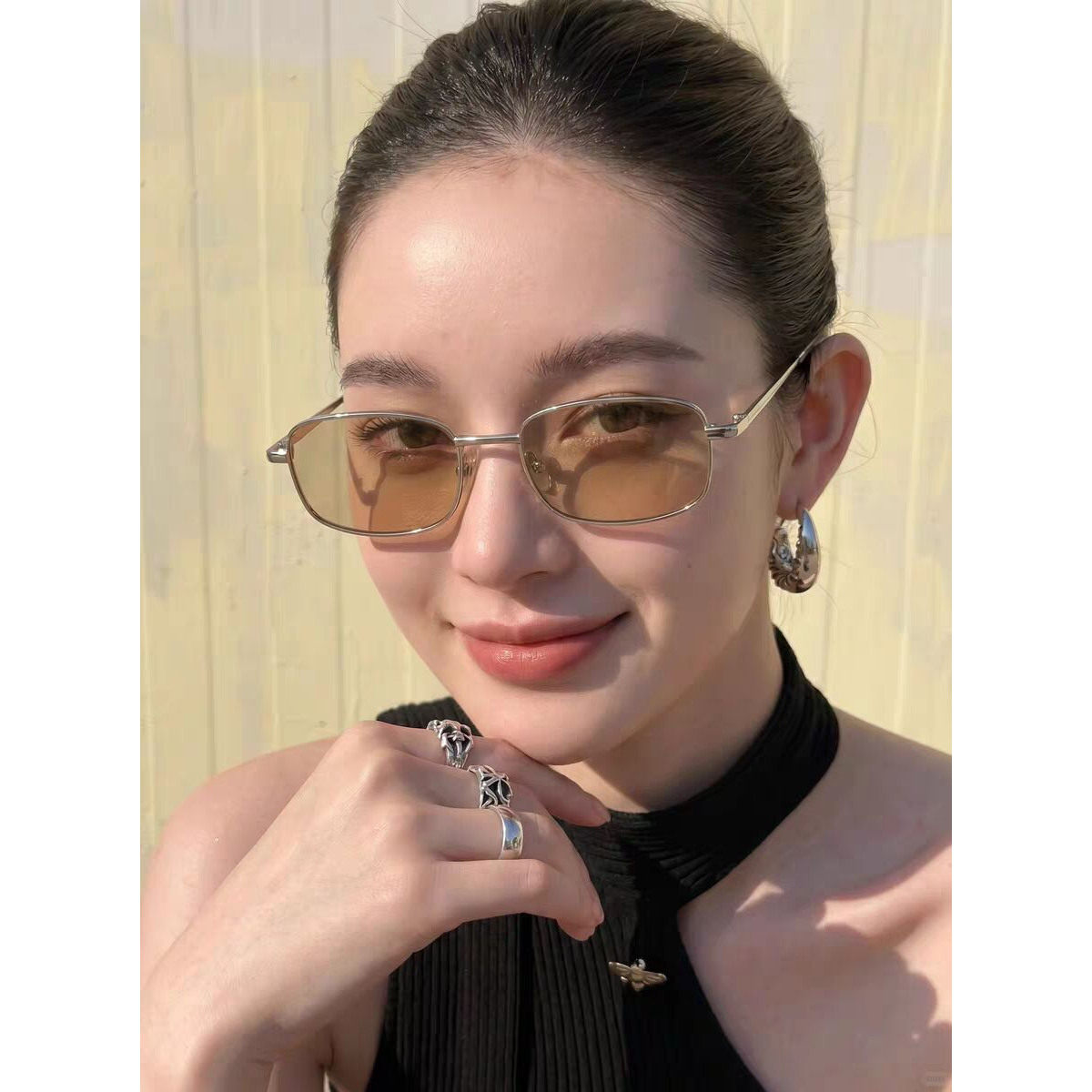 港风墨镜方形窄框太阳镜女复古达妹同款眼镜金丝边框遮阳嘻哈复古
