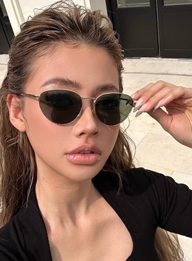 欧美时尚港风复古金属墨绿色墨镜男女同款潮猫眼气质方圆脸太阳镜