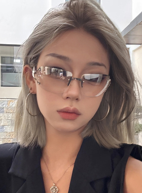欧美无框镶钻墨镜女款Y2K辣妹凹造型网红水银色太阳眼镜大框显瘦
