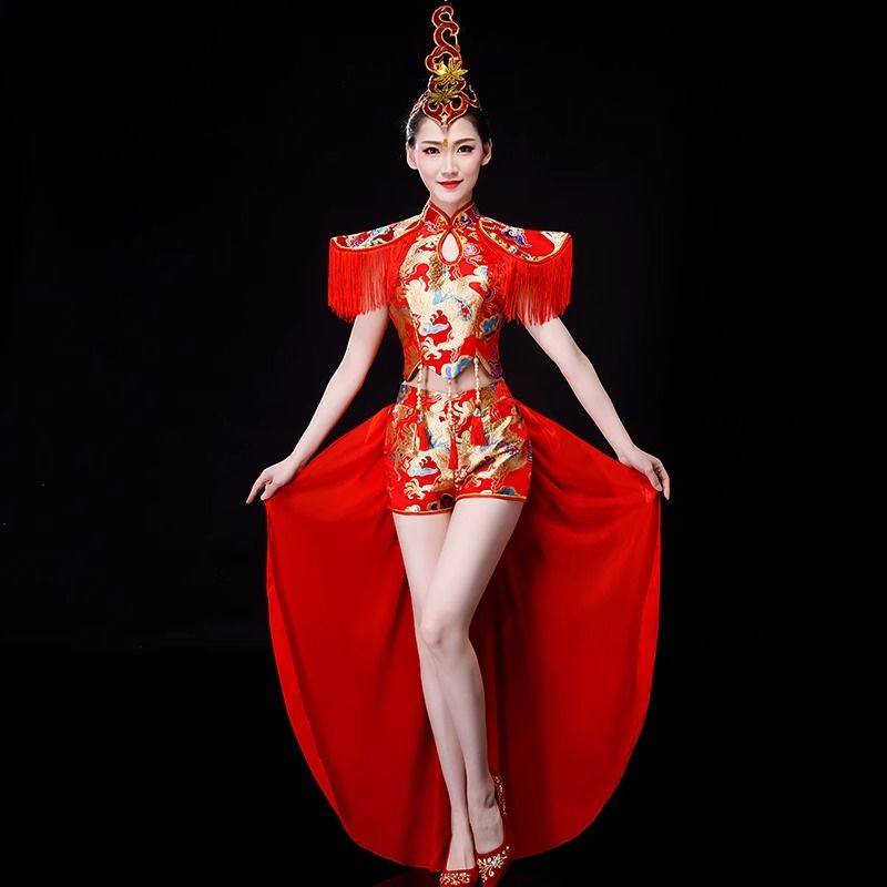 打鼓演出服新款旗袍中国风舞蹈鼓舞喜庆表演腰鼓开场服装成人红色