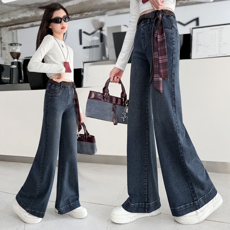 女童牛仔裤秋冬2025新款女大童阔腿裤冬季加绒加厚直筒裤儿童裤子