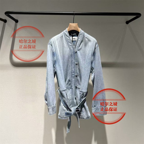 中式复古系带水洗牛仔夹克