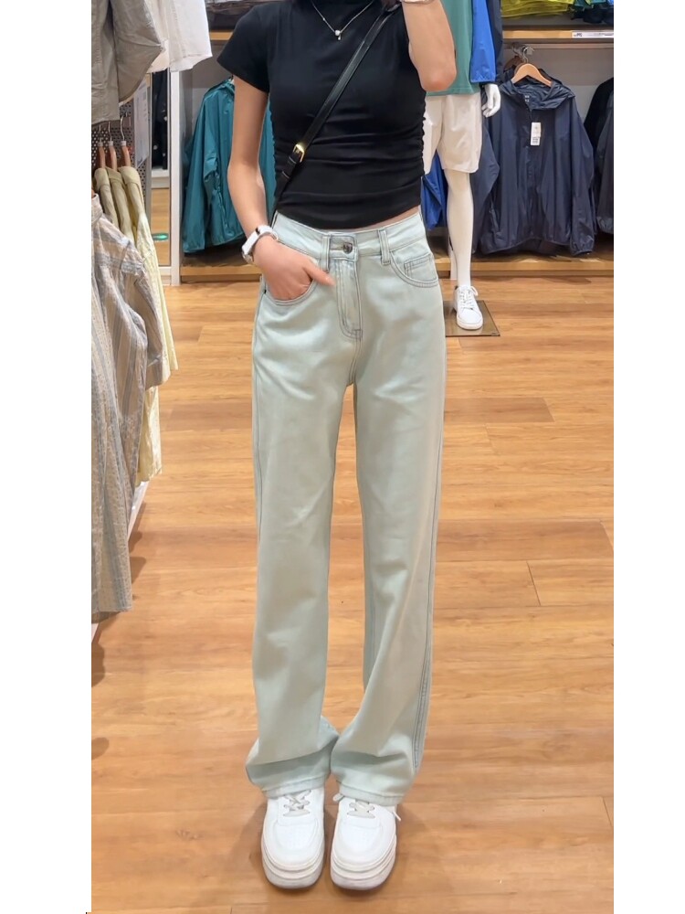 MOONLIGHT BLUE NARROW WIDE-LEG JEANS WOMENS SPRING AND AUTUMN 2024 NEW HIGH-WAISTED SLIM STRAIGHT-LEG MOPPING LONG PANTS