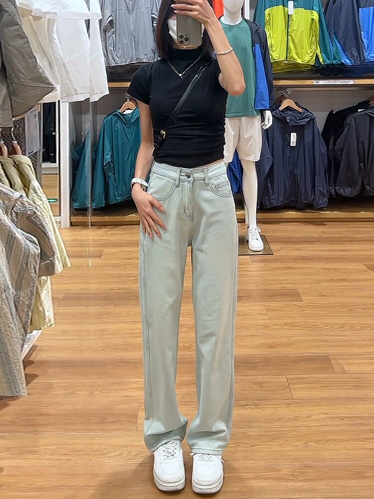 MOONLIGHT BLUE NARROW WIDE-LEG JEANS WOMENS SPRING AND AUTUMN 2024 NEW HIGH-WAISTED SLIM STRAIGHT-LEG MOPPING LONG PANTS