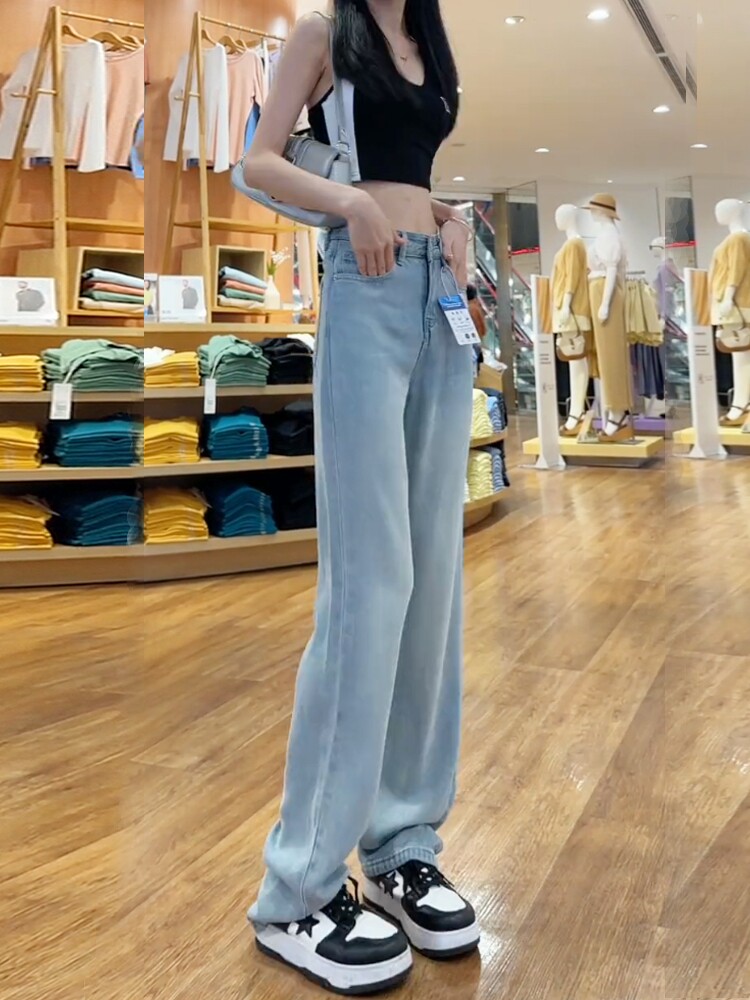 TENCEL NARROW WIDE-LEG JEANS WOMENS SUMMER THIN 2024 NEW HIGH-WAISTED STRAIGHT DRAPE ICE SILK MOP PANTS