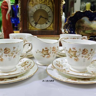 英国产Colclough镏金骨瓷金色枫叶花卉奶缸咖啡杯碟三件套中古瓷