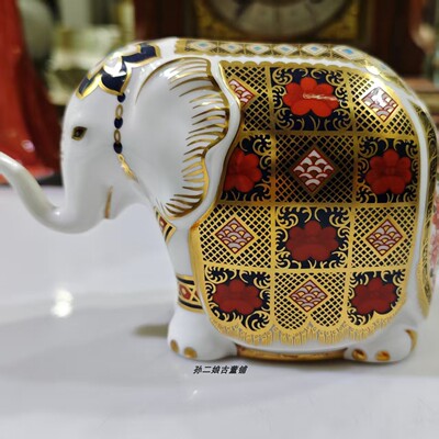 英国原产Royal Crown Derby22K镏金骨瓷手绘大象动物镇纸摆件中古