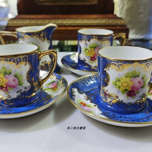 英国回流日本产Noritake则武镏金全手绘蓝釉花卉咖啡杯碟奶缸古董