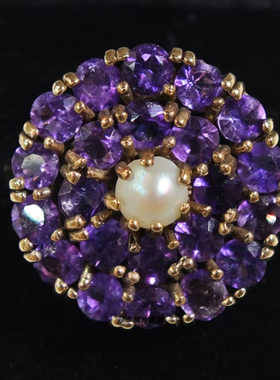 英国产Vintage珠宝9K黄金镶嵌天然紫水晶珍珠设计款戒指鸡尾酒戒
