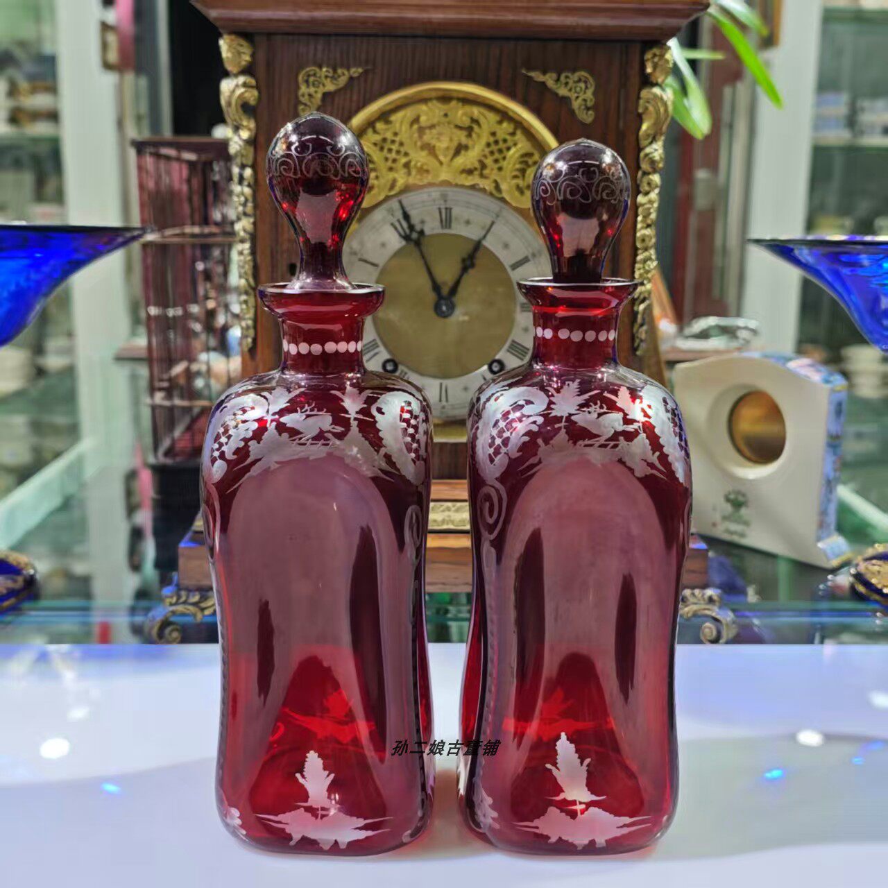 捷克波西米亚Bohemia红宝石玻璃手工蚀刻醒酒器威士忌酒瓶中古