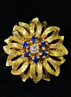 英国产Vintage珠宝18K黄金雕花镶嵌天然蓝宝石钻石设计款戒指中古