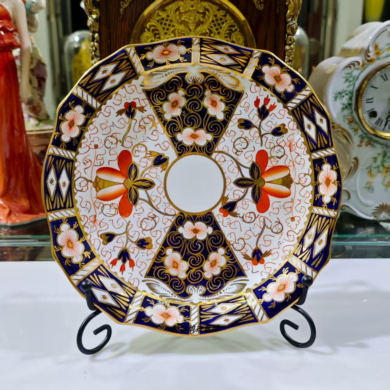 英国原产古董瓷器Royal crown Derby手绘伊万里2451多边形装饰盘