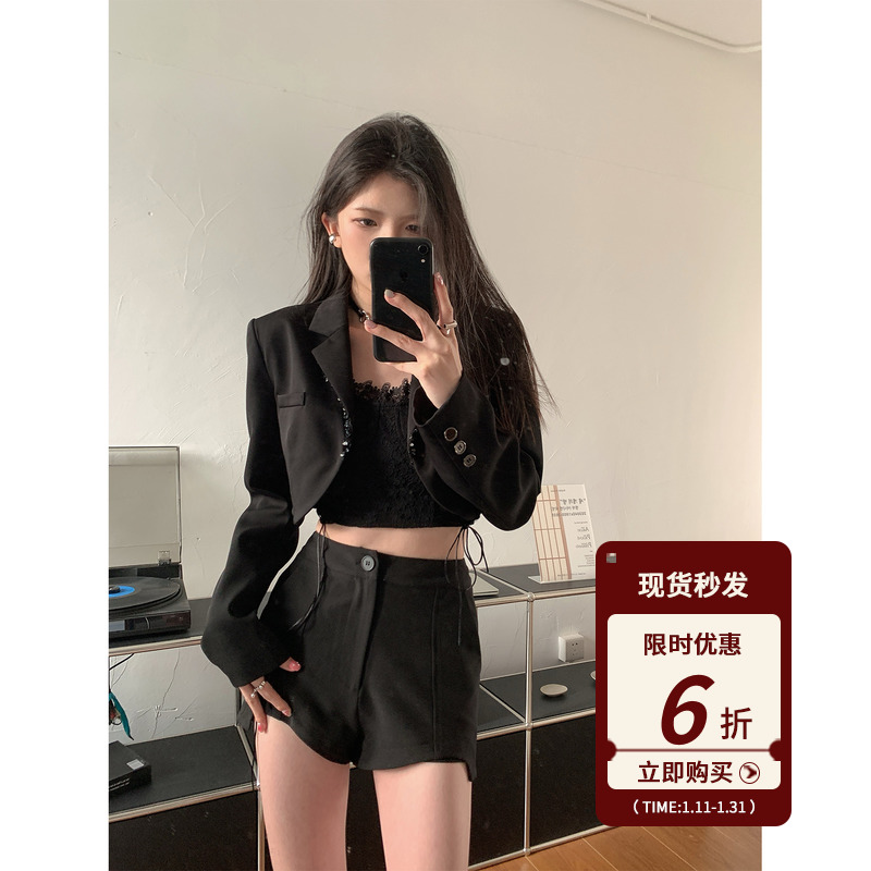 JOEYJOY酒一黑色短裤女夏2023新款高腰百搭休闲裤春夏款a字裤子