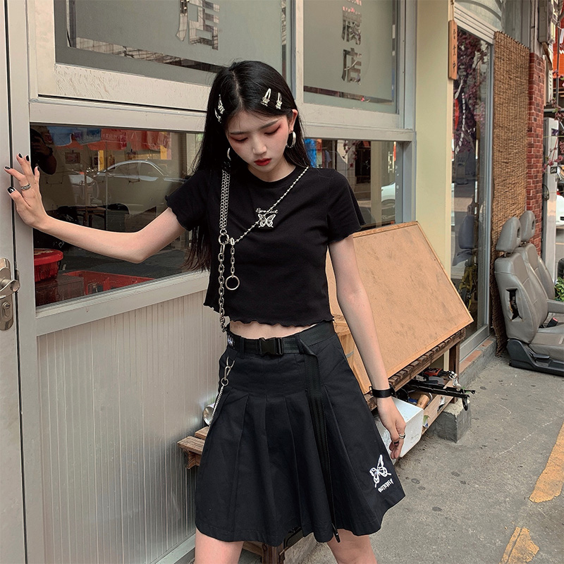 JOEYJOY   T恤女2020夏季新款花边设计蝴蝶刺绣花短款纯色T恤