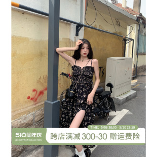 碎花裙吊带裙长裙 黑色碎花吊带连衣裙女裙子夏2024新款 酒一自制