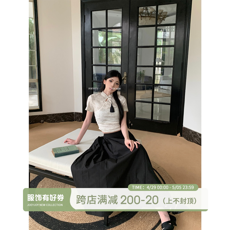 [酒一自制]黑色半身裙女2024新款夏长款裙子高级复古压褶a字裙 女装/女士精品 半身裙 原图主图