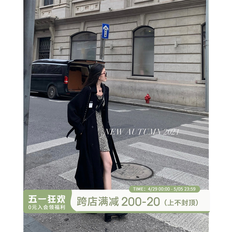 [酒一自制]黑色风衣外套女2024新款春秋长款小个子气质高级大衣